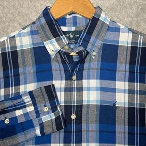 Ralph Lauren Custom Fit Long Sleeve Button Down Plaid Shirt-Blue/Gray-Men Small